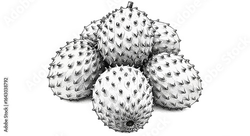 Monochrome depiction of grouped soursops with spiked textured skin design