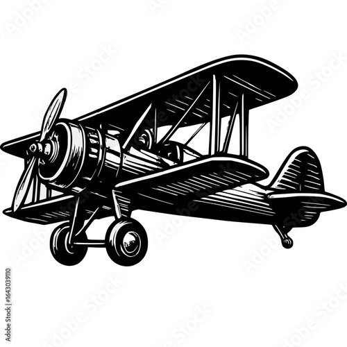 Vintage Biplane in Flight: A meticulously illustrated, black and white vintage biplane gracefully soaring through the sky.