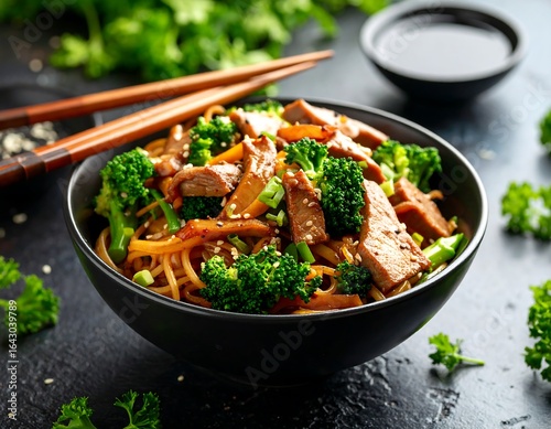 Stir-fried noodles with meat and broccoli