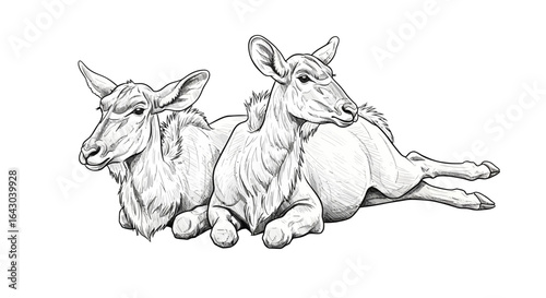 Resting elks drawing, expressive black and white illustration of wild animals