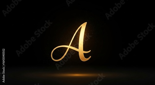 Golden letter a with shimmering particles on black background