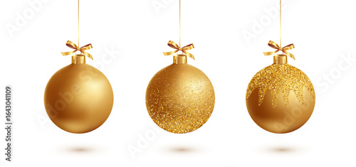 Gold Christmas bauble with ribbon and bow on white background. Vector illustration. Christmas decoration