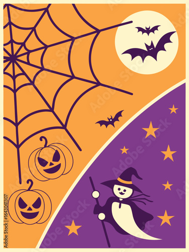 Halloween postcard banner template with different elements, vector illustration