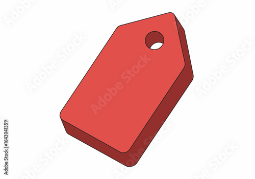 A red tag with a hole, angled slightly, casting a shadow on a white background.