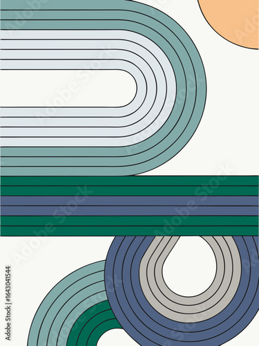 Retro vector poster with layered track curves and gradient arcs in subdued tones