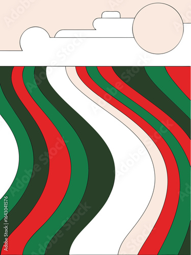Abstract editorial tunnel with wavy stripes and color bands in clean geometric vector style