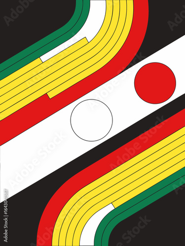 Retro style flowing color bands on dark background with graphic spheres and diagonal composition