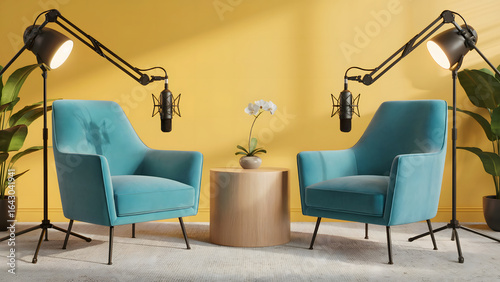 Create captivating conversations with this stylish podcast studio setup featuring plush armchairs, professional microphones, and vibrant yellow backdrop for engaging interviews and content creation.