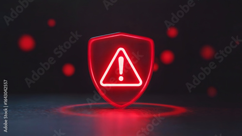 Urgent alert symbol glowing red within a protective shield against a dark background with blurred red lights, signifying cybersecurity threat or warning