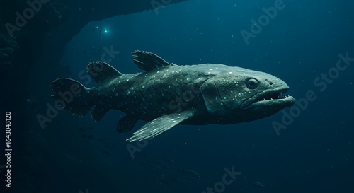An ancient Coelacanth emerges from the deep ocean abyss. A mysterious prehistoric 'living fossil' fish swimming in the dark water.