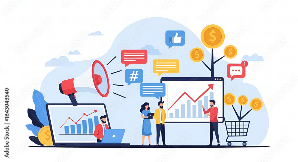 Fototapeta premium Digital Marketing Campaign for Business Growth and Online Financial Success Illustration