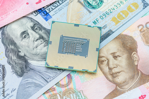Semiconductor diplomacy, economic coercion, tech-trade leverage, rare earth exports : A CPU chip placed atop overlapping U.S. dollars and Chinese yuan, tech diplomacy shaping tariffs, trade talks, etc