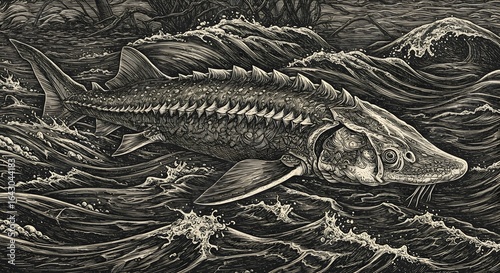 Majestic sturgeon fish navigating stormy ocean waves in a dramatic black and white vintage engraving style.