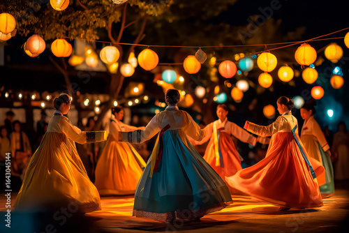 Chuseok celebration with ganggangsullae dance under full moon and glowing lanterns