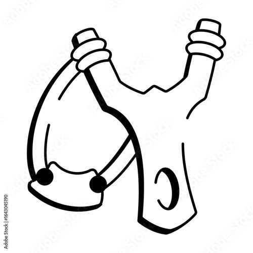 A doodle style icon of wooden slingshot projectile weapon

