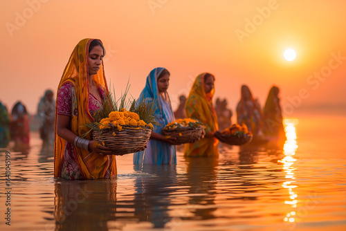 Devotees offering prayers to the setting sun during Chhath Puja