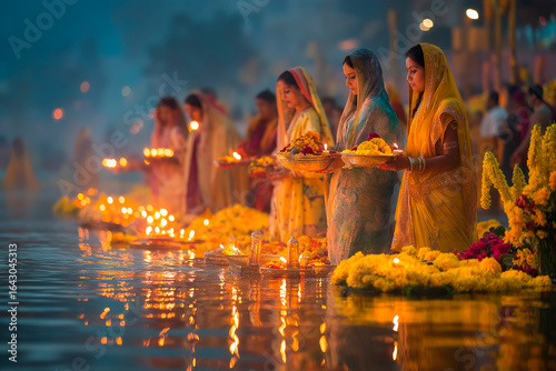 Sunrise rituals on the river during Chhath Puja festival