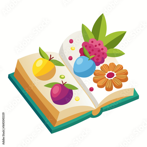 Edible Wafer Page Book with Sugar Flowers and Fruits Isolated Vector