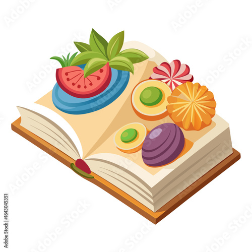 Edible Wafer Page Book with Sugar Flowers and Fruits Isolated Vector