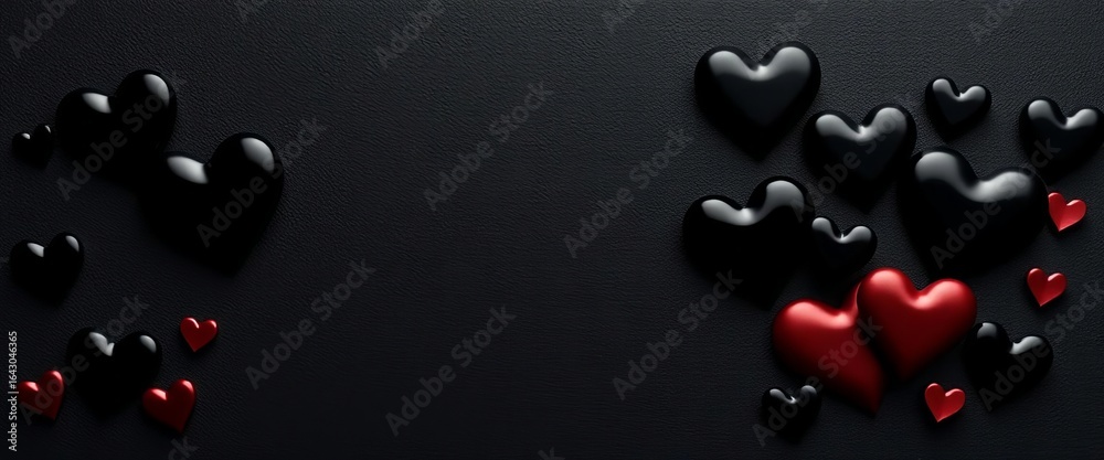 Black textured background with overlapping black hearts of varying sizes,  simple,  minimalist