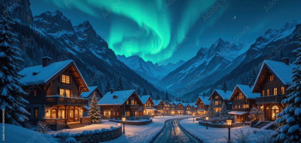 Fototapeta premium Cozy village under a vibrant aurora borealis sky