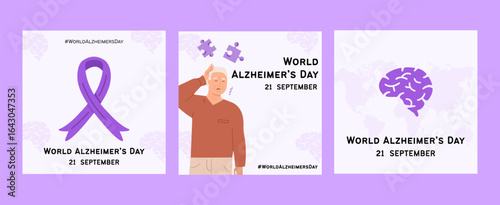 World Alzheimer Day social media post templates with purple ribbon, brain icon, elderly person. Dementia awareness. Memory loss support, healthcare campaign, neurology disease prevention vector banner