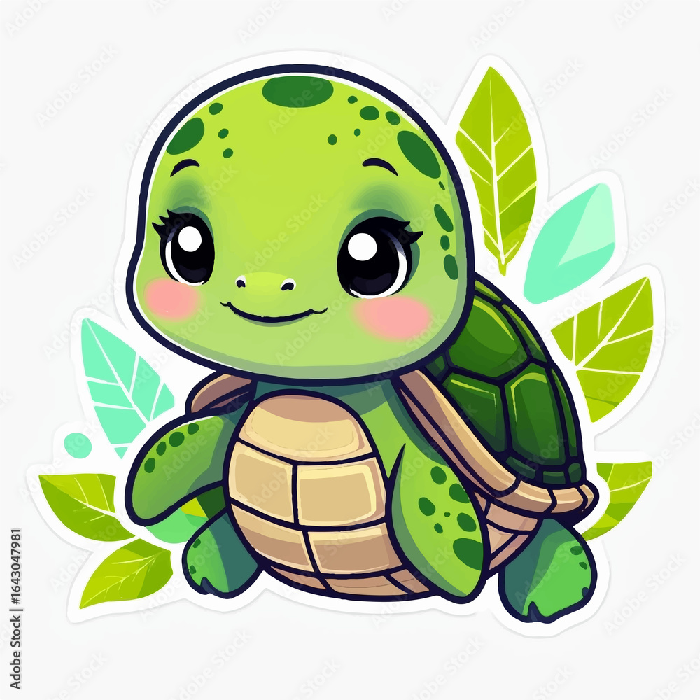 Fototapeta premium Cute Cartoon Turtle with Green Shell and Leaves – Adorable Nature-Themed Illustration