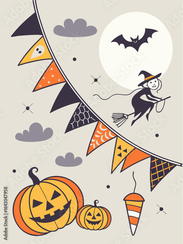 Halloween witch flying on broomstick with pumpkins, bats and festive bunting