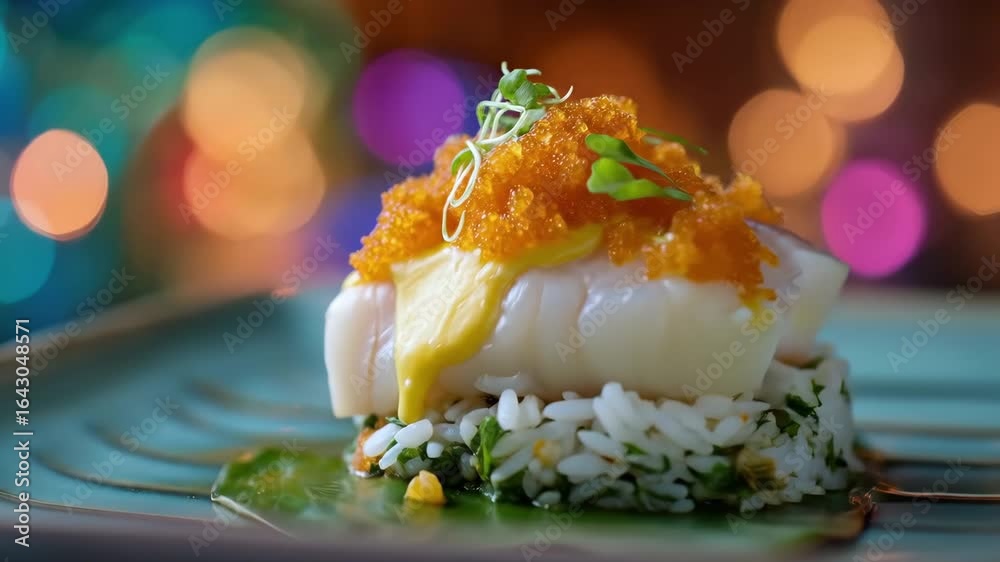 A beautifully plated dish with fish, vibrant orange roe, microgreens on rice with herbs, colorful bokeh background adds festive touch A beautifully plated dish with fish, vibrant orange roe, microgreens on rice with herbs, colorful bokeh background adds festive touch