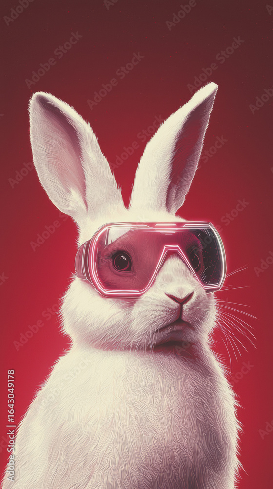 Fototapeta premium Trendy white rabbit wearing futuristic neon pink goggles with glowing effect on red background, creating vibrant and modern look
