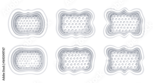 Six similar white plastic food trays empty arranged in two neat rows