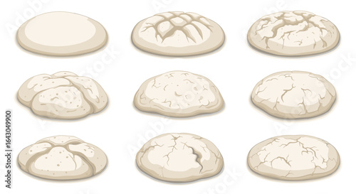 Stages of bread dough rising on plates demonstrating texture changes