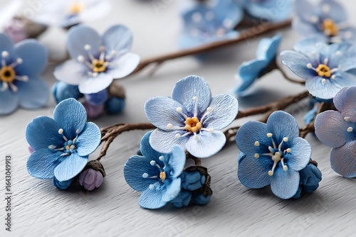 Forget-me-not flowers delicately arranged on a light wooden background, evoking peace and beauty.