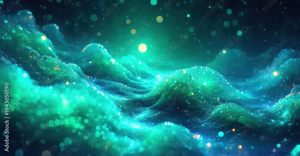 Fototapeta premium Abstract waves, vibrant teal hues, sparkling particles create dreamy underwater scene. Light radiates from depths.