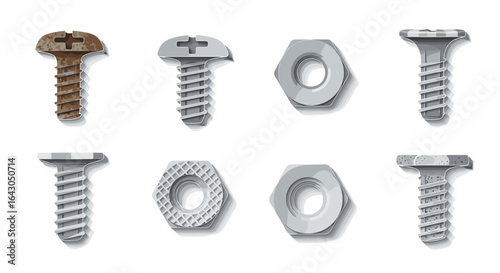 Metal screws and bolts with washers in a variety of shapes and sizes