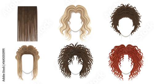 Various styles and colors of wigs displayed on white mannequin heads
