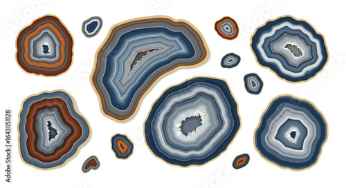 Colorful geode slices with striking patterned crystal formations