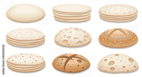 Different types of flatbreads and loaves presented on white background
