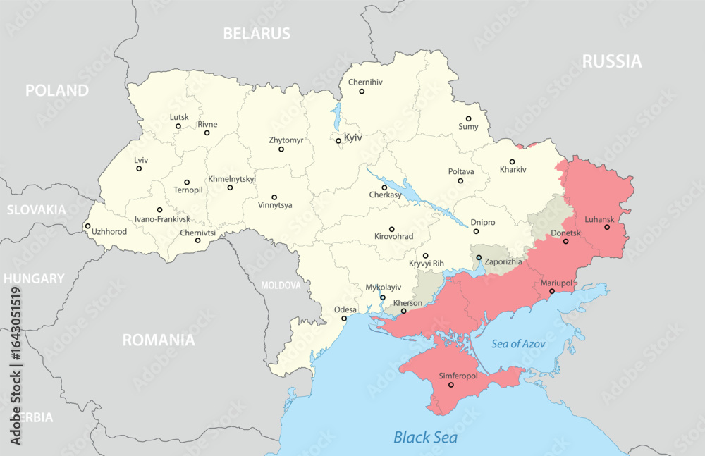 Fototapeta premium A detailed political map of Ukraine highlighting disputed regions in red