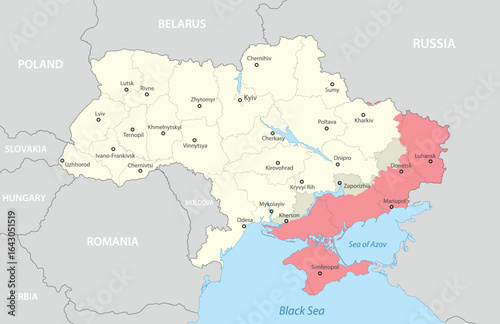 A detailed political map of Ukraine highlighting disputed regions in red