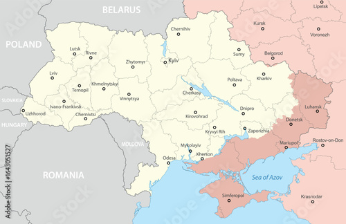 A detailed political map of Ukraine highlighting disputed regions in red