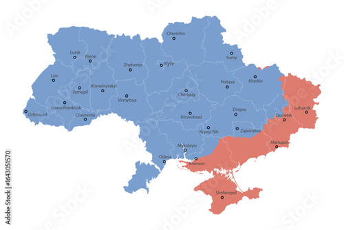 A detailed political map of Ukraine highlighting disputed regions in red