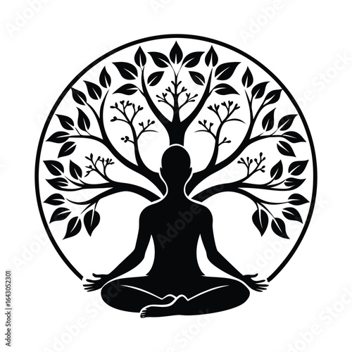 Meditating figure embodies tree of life within a circular emblem