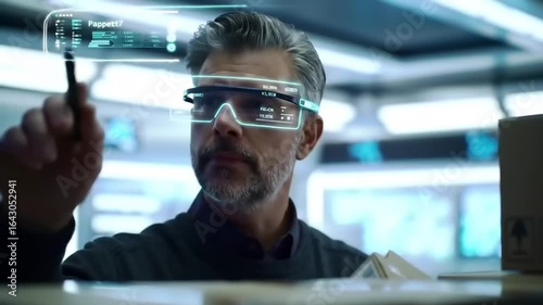 A focused professional wearing smart glasses examines packages in a high-tech warehouse setting