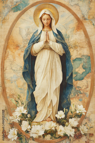 Virgin Mary with Heavenly Glow Surrounded by Lilies and Roses. AI generative.