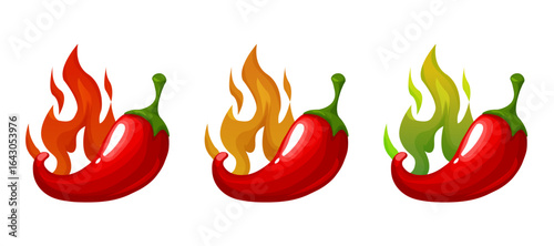 Pepper Spicy chili pepper level scale icon, label. Traditional Mexican, Chinese, asian spicy levels. mild, spicy, hot. Chili pepper red outline icon