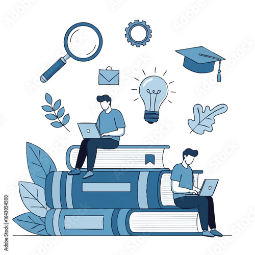 Two individuals engage in remote learning and knowledge acquisition, utilizing digital tools while surrounded by symbols of education and intellectual growth.
