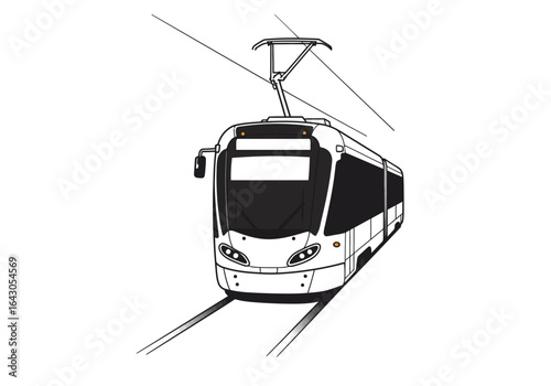 A modern tram on the rails, isolated on white background, showcasing urban transportation and sustainable mobility in a clean and efficient city environment