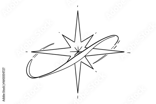 Abstract y2k line star, tattoo aesthetic doodle or sketch. Sparkle swirl silhouette line light, move, trail. Retro space orbit geometric 