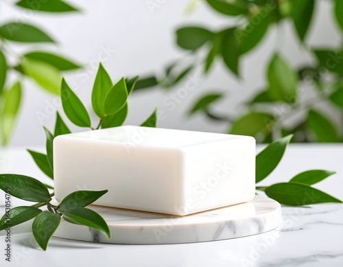 Wallpaper Mural White soap bar on marble, surrounded by green leaves Torontodigital.ca